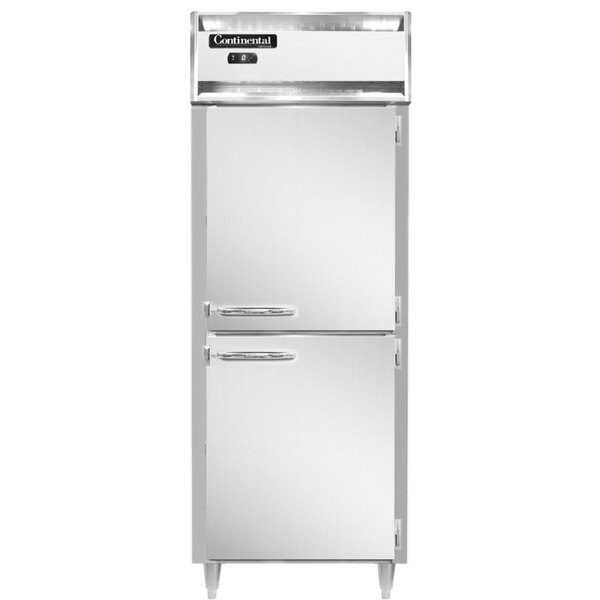 A stainless steel Continental reach-in freezer with silver half doors.
