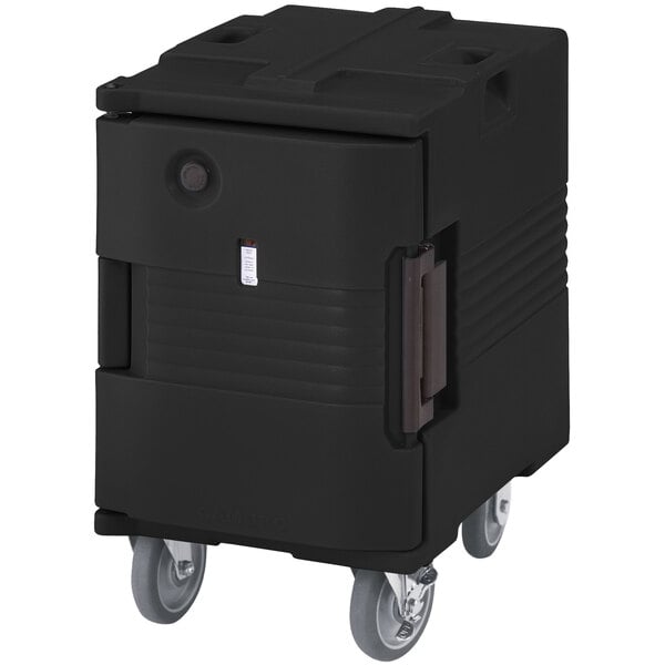 A black Cambro Ultra Pan Carrier with casters.