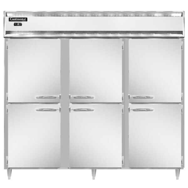 A white Continental reach-in freezer with four half doors and silver handles.