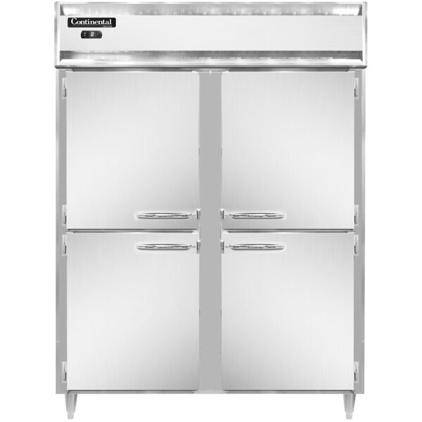 A white rectangular Continental reach-in freezer with silver handles and two doors.