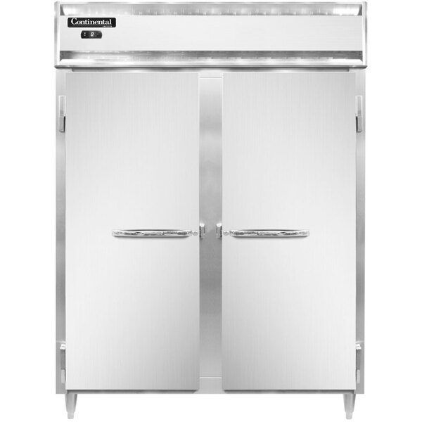 A white Continental reach-in freezer with double stainless steel doors.