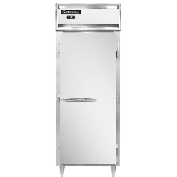 A Continental stainless steel reach-in freezer with a white door and a handle.