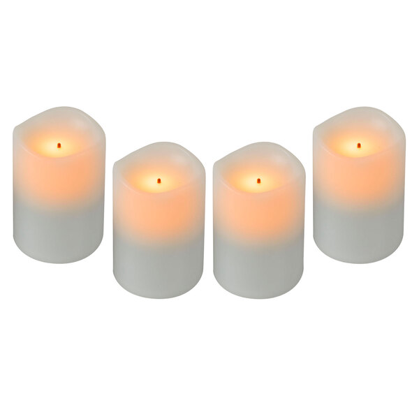 Three amber Sterno flameless candles on a white background.