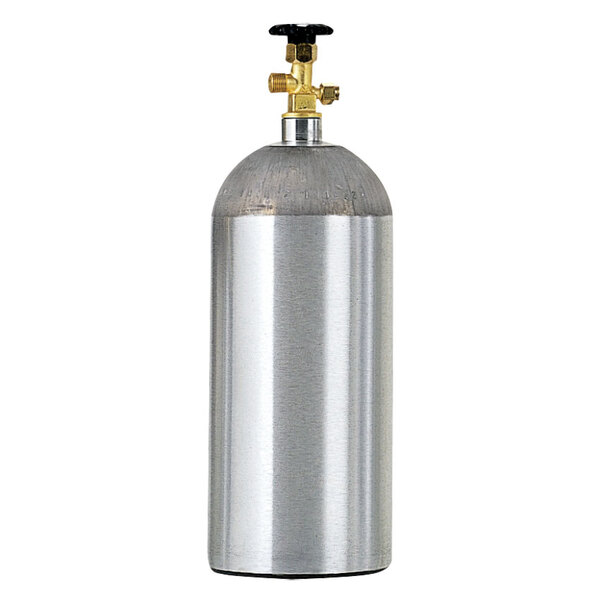 A silver Micro Matic aluminum CO2 cylinder with a black valve.