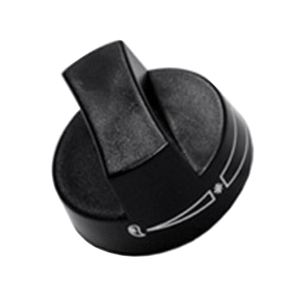 A black Crown Verity old style burner knob with white lines.