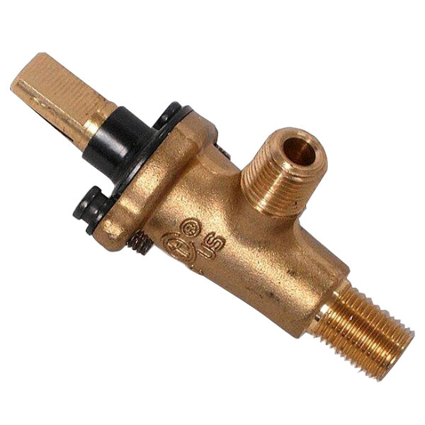 A close-up of a brass Crown Verity natural gas valve with a black nozzle.