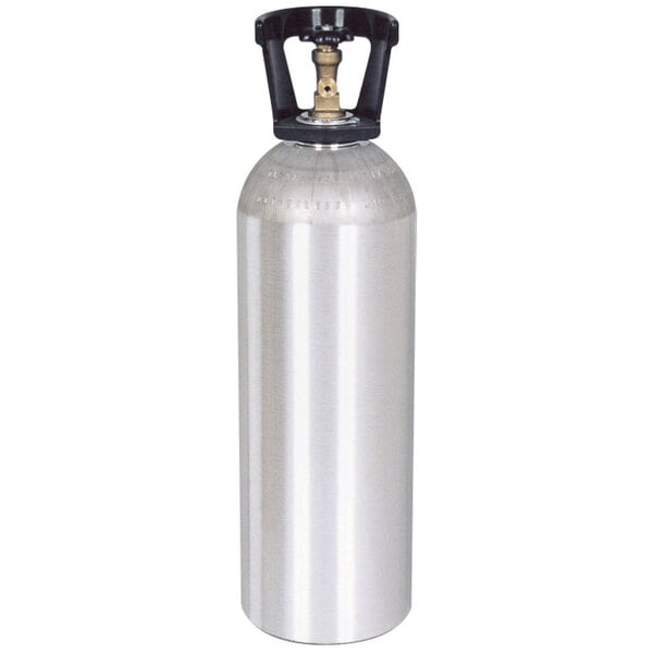 A silver Micro Matic aluminum CO2 cylinder with a black cap.