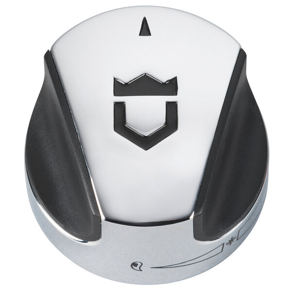 A round black and silver Crown Verity burner knob with a black and white logo.