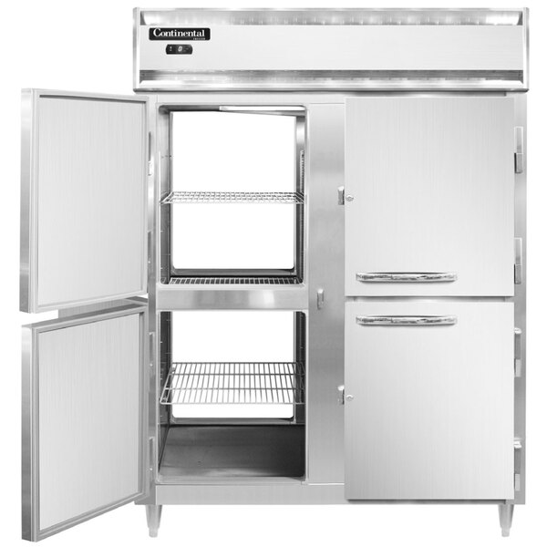 A stainless steel Continental pass-through freezer with two open doors.