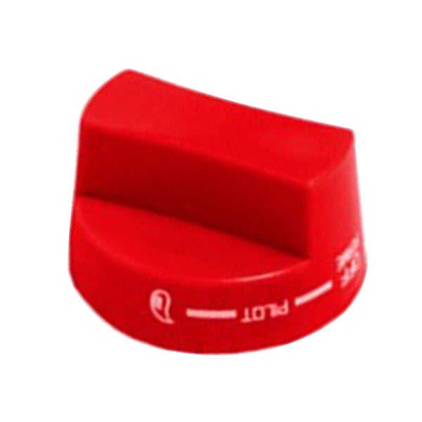 A red rectangular plastic knob with white text.