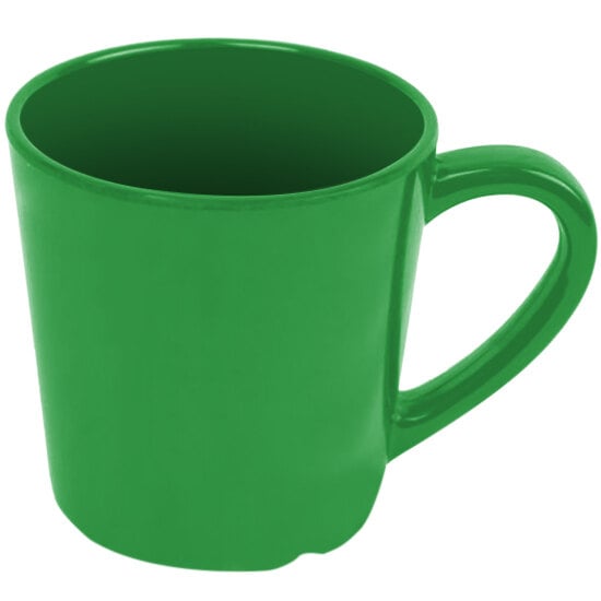 A green Thunder Group melamine mug with a handle.