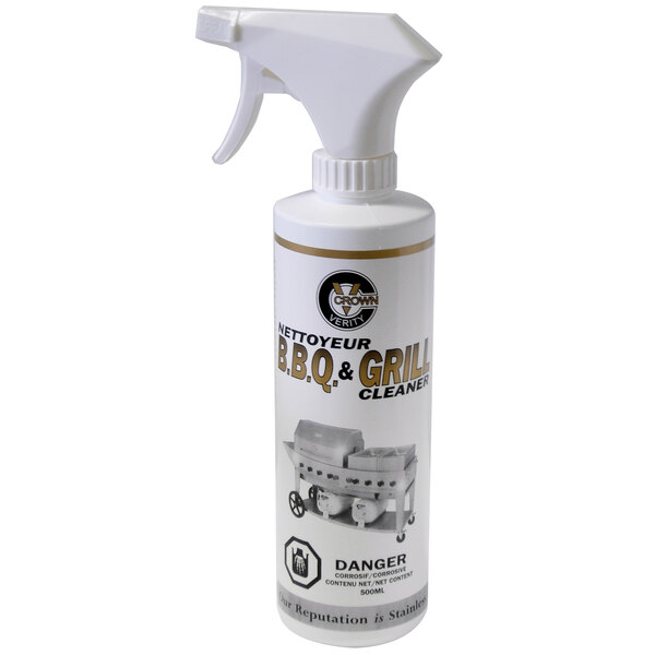 A white spray bottle of Crown Verity B.B.Q. and Grill Cleaner with a white sprayer.