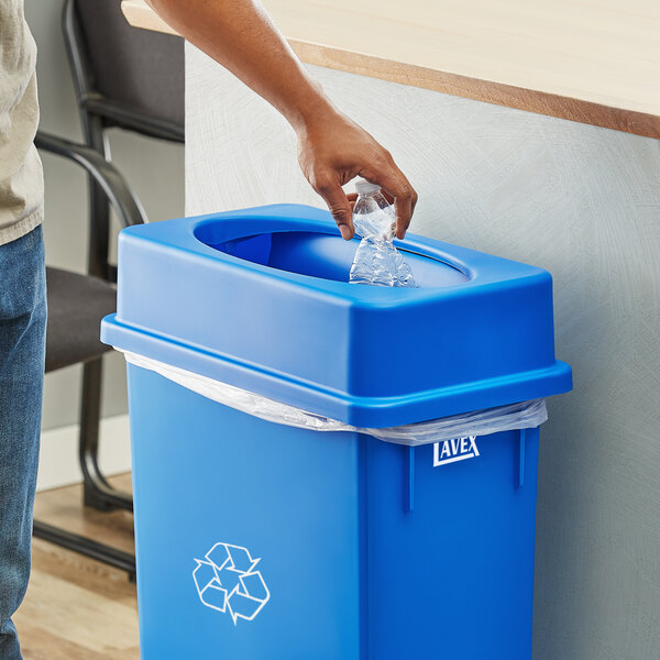 Lavex Blue Slim Rectangular Trash Can Drop Shot Lid