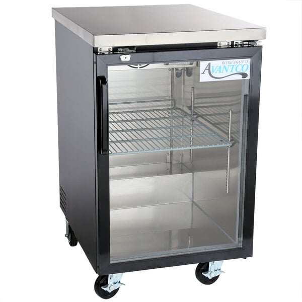An Avantco black back bar refrigerator with a glass door.