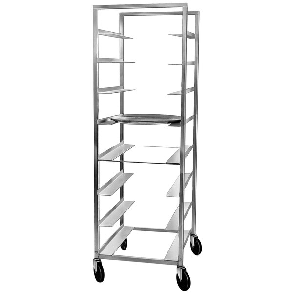A Channel heavy-duty aluminum oval pan rack with 8 shelves on wheels.