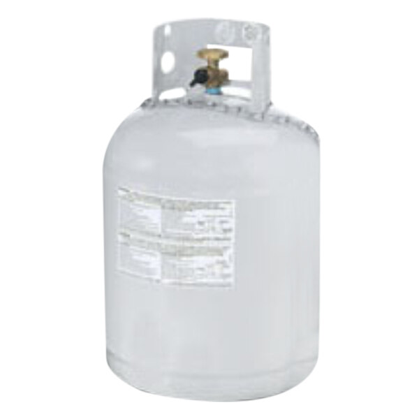 A white Crown Verity propane cylinder with a metal valve cap.