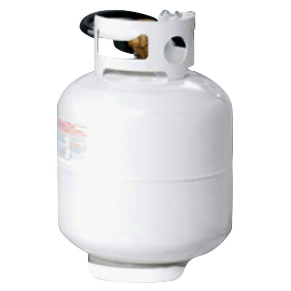 A white Crown Verity propane gas cylinder with a black handle.