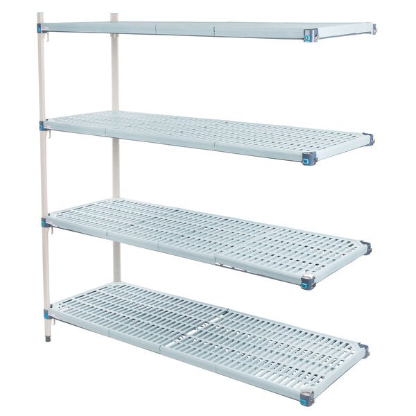 A MetroMax Q add on unit with three white shelves and a white rectangular plastic grate with holes.