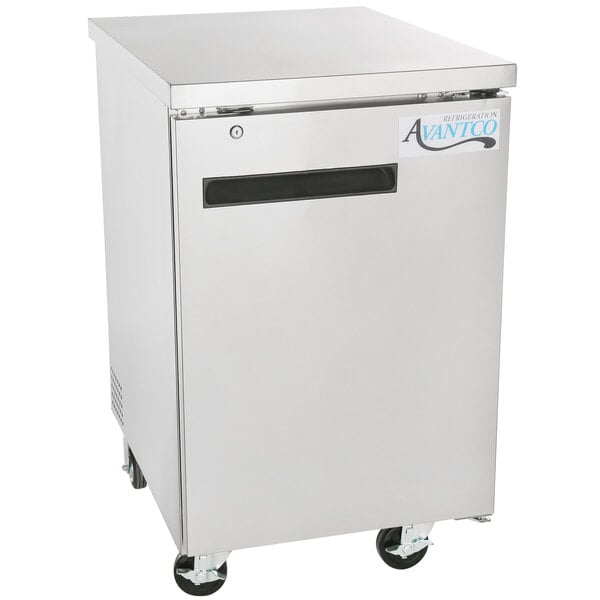 A silver Avantco back bar refrigerator with wheels.