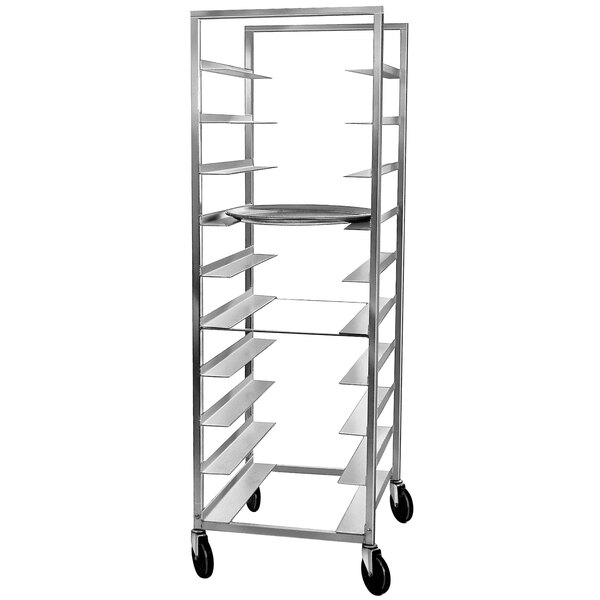 A Channel heavy-duty aluminum sheet pan rack with shelves on wheels.