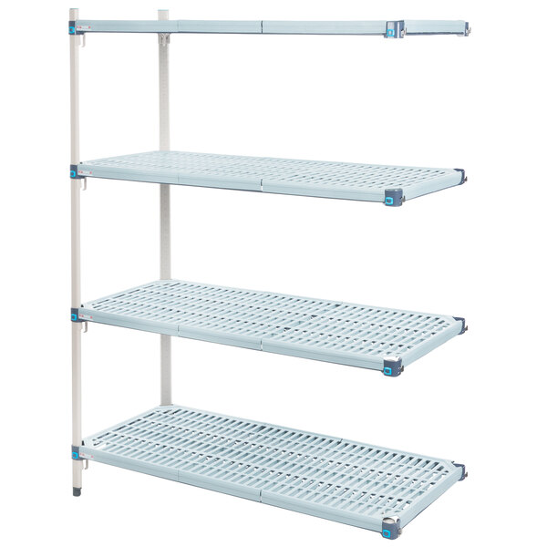 A three tiered MetroMax Q metal shelf with white shelves and a white plastic grate.