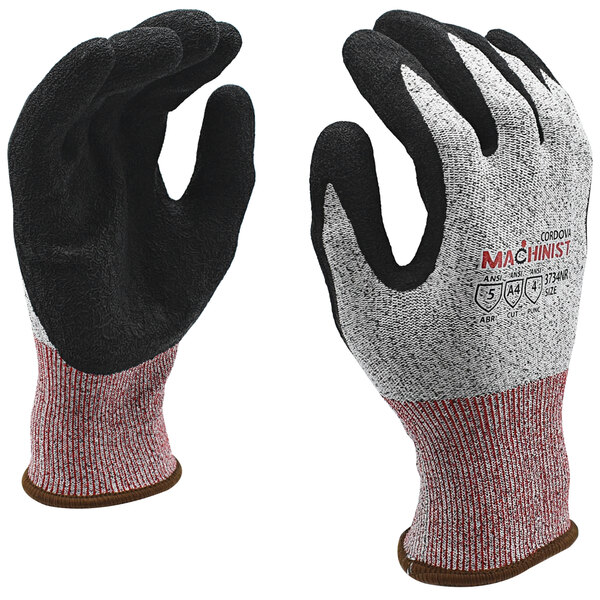 A pair of Cordova black cut resistant gloves with black crinkle latex palms and red and white stitching.