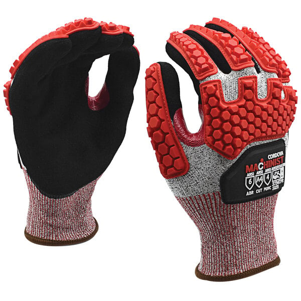 A pair of Cordova Machinist heavy duty work gloves with black sandy nitrile palms and red and black TPR protectors.
