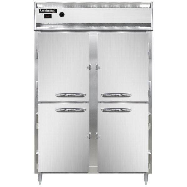 A white Continental holding cabinet with stainless steel half solid doors and silver handles.