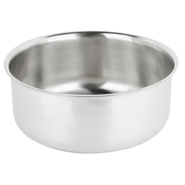 A stainless steel bowl for a Choice Deluxe Round Soup Chafer on a white background.