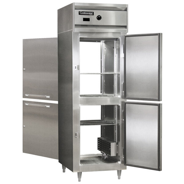 A stainless steel Continental pass-through heated holding cabinet with half solid doors.
