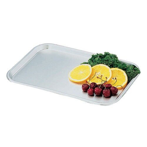 A Vollrath stainless steel serving tray with oranges, cherries, and a lemon on it.