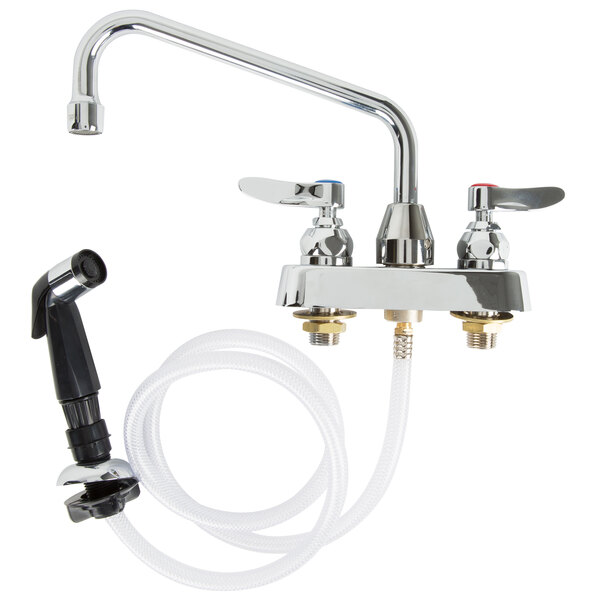 A T&S chrome deck-mounted faucet with a hose attached.