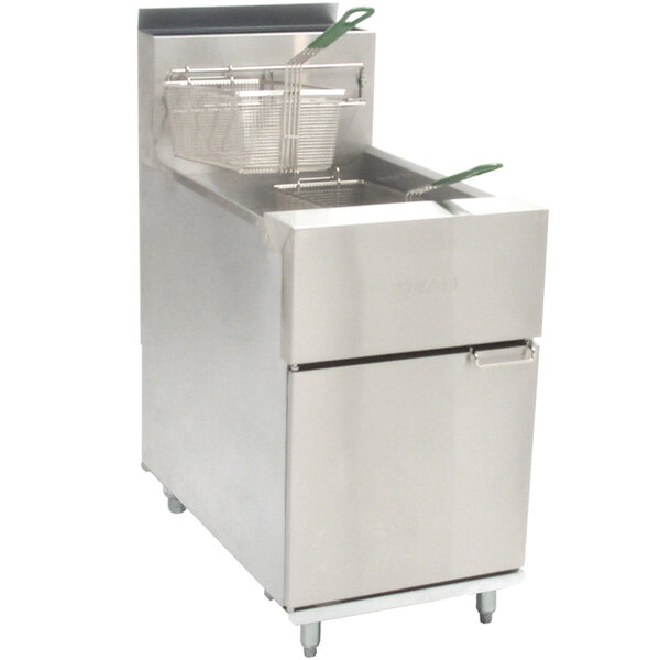 A Dean natural gas floor fryer with a basket.