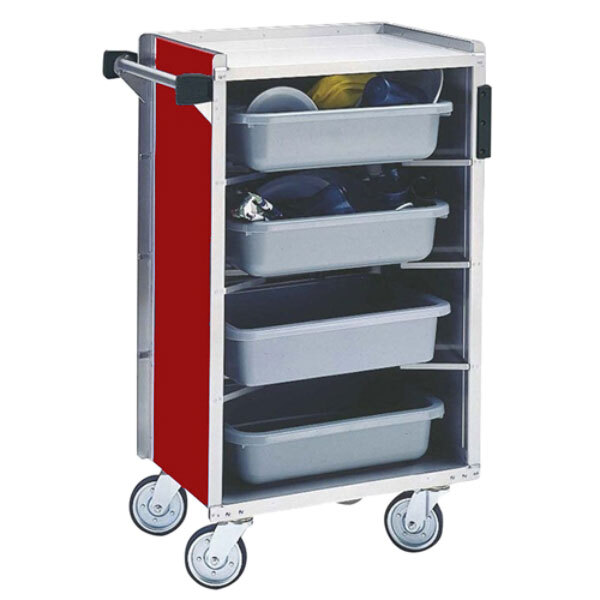 A red Lakeside metal bussing cart with white rectangular containers.