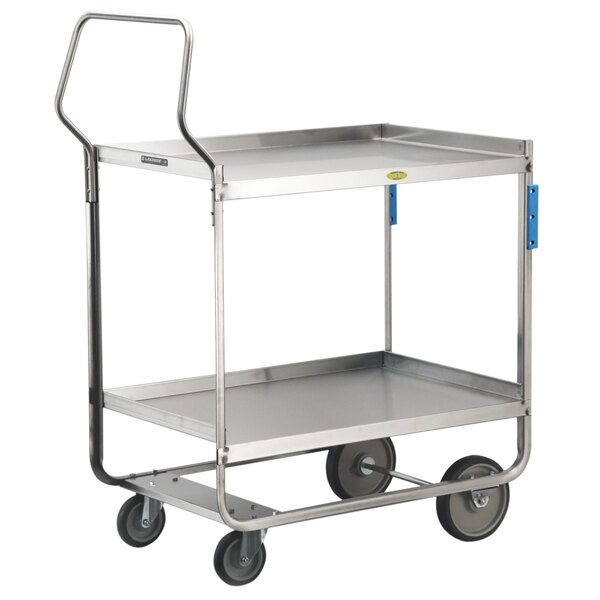 A Lakeside stainless steel utility cart with three shelves and a handle.