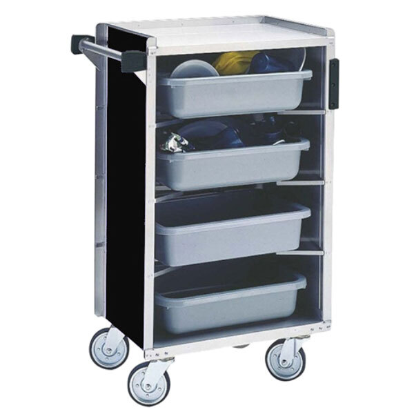 A Lakeside stainless steel enclosed bussing cart with black finish and tray rails.
