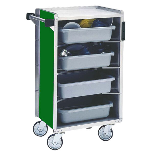 A Lakeside metal bussing cart with a green and white frame.