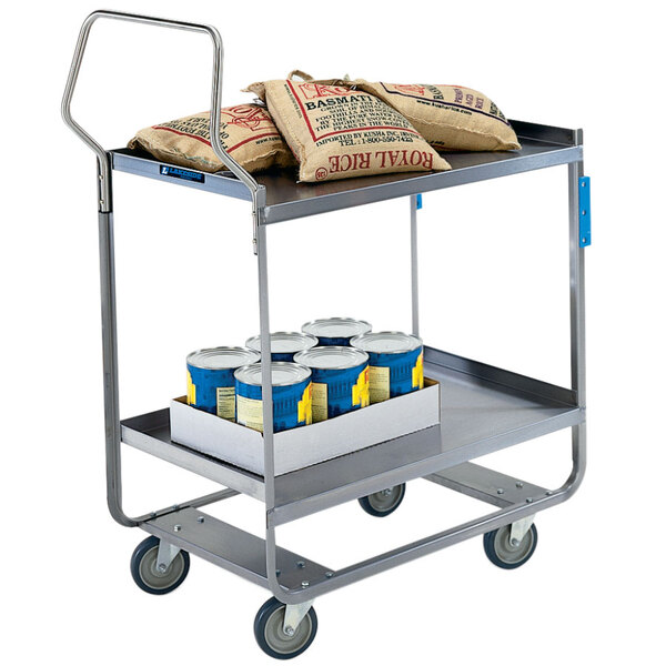 A Lakeside metal utility cart with bags of coffee and flour on the shelves.