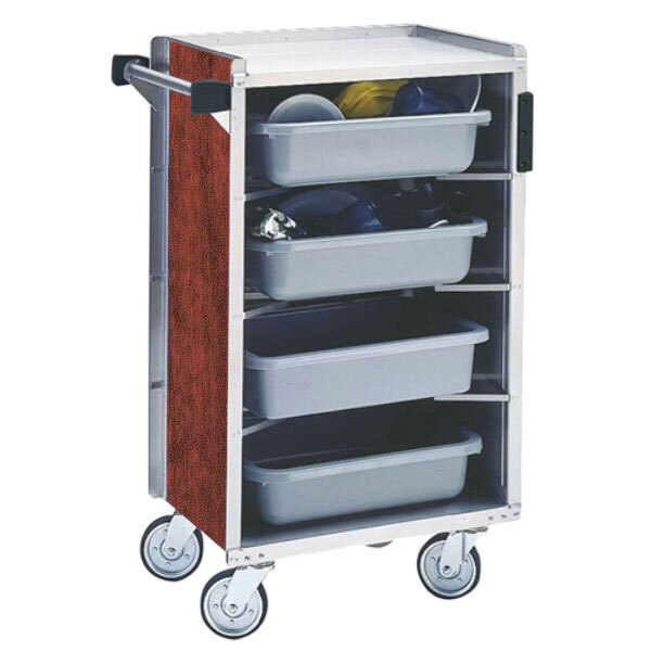 A Lakeside stainless steel enclosed bussing cart with plastic bins on shelves.