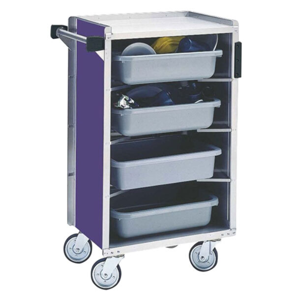 A stainless steel Lakeside utility cart with purple and silver bins inside.