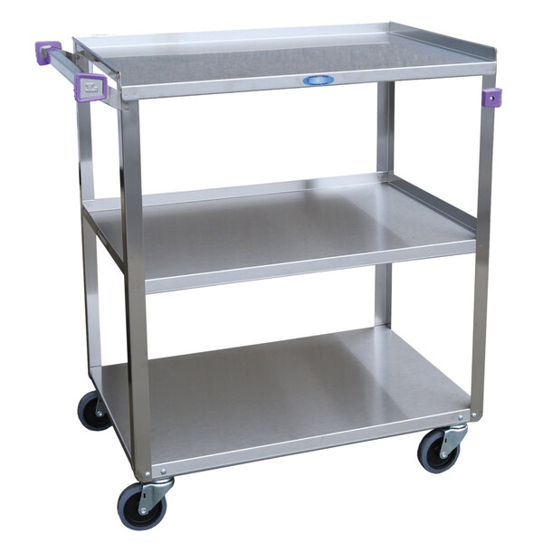 A Lakeside stainless steel utility cart with three shelves and wheels with a purple handle.