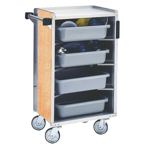A Lakeside stainless steel enclosed bussing cart with bins on a shelf.