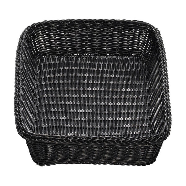 A Tablecraft black rectangular rattan basket with black handles.