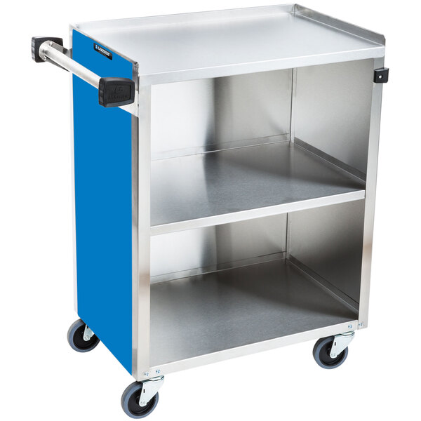 A blue and silver Lakeside utility cart with three shelves and wheels.