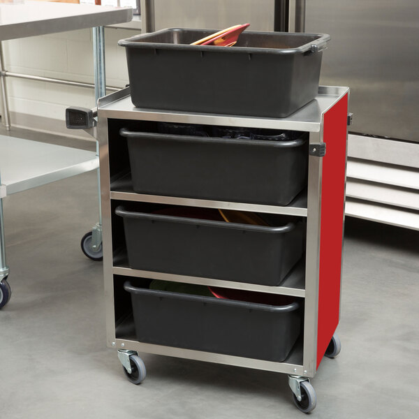 A Lakeside metal utility cart with a red base and silver frame holding black containers.