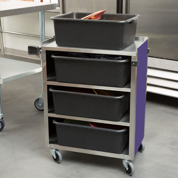A Lakeside stainless steel utility cart with a purple finish and black bins on it.