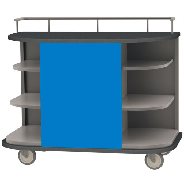 A Lakeside stainless steel self-serve hydration cart with royal blue laminate finish and shelves on wheels.