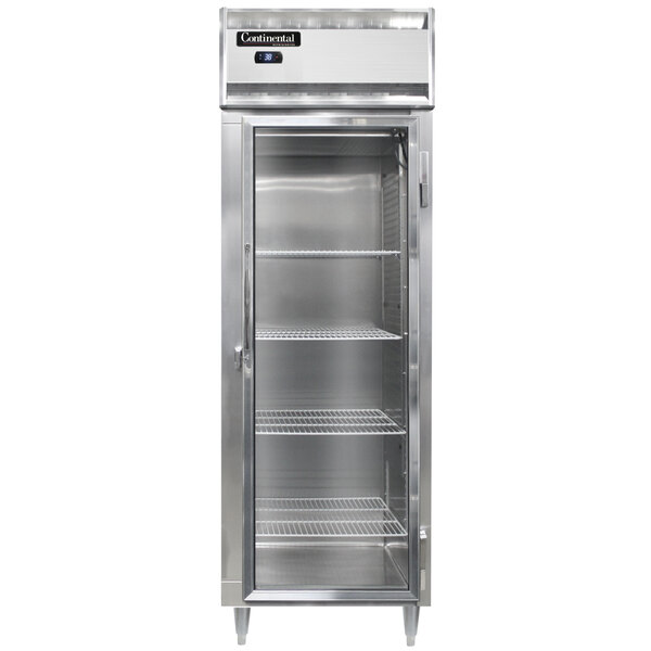 A Continental 26" stainless steel reach-in refrigerator with glass doors.