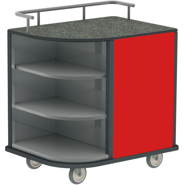 A Lakeside stainless steel self-serve cart with red laminate finish and shelves on wheels.