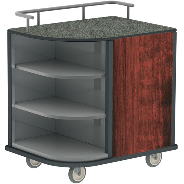 A Lakeside stainless steel self-serve hydration cart with red maple laminate shelves on wheels.